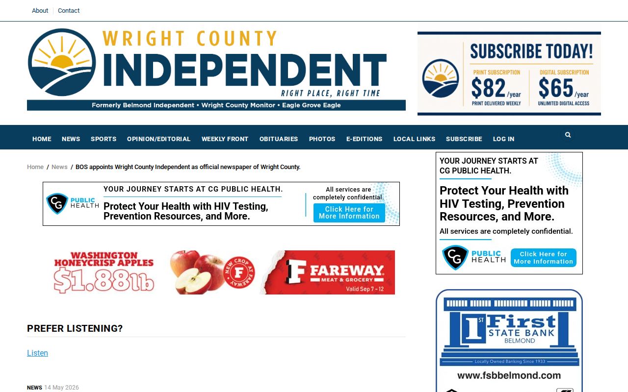 Wright County Independent official newspaper article